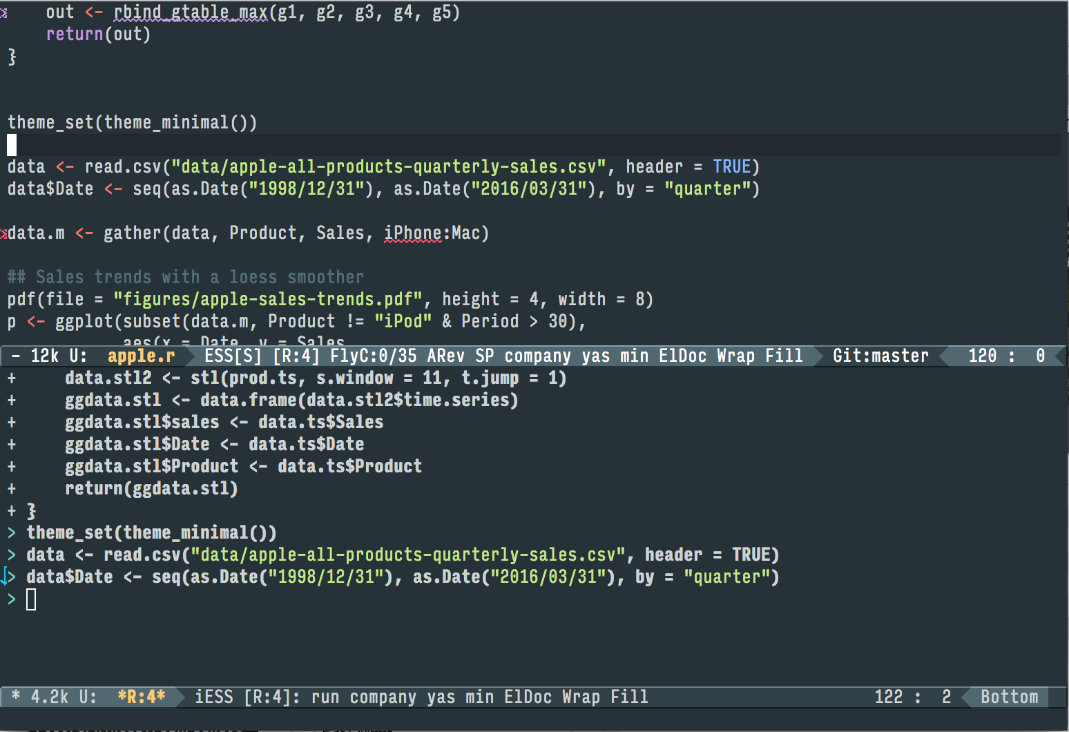 Working with R in Emacs using ESS. A document containing R code is open in the top half of the screen. Below the divider, an R session is running, also inside Emacs. Code from the top pane is sent to the bottom with a keyboard shortcut, where it is evaluated by R. We can also jump down to the bottom pane and do work there. Small details like a lint checker, active line highlighting, and revision-control information are also visible.