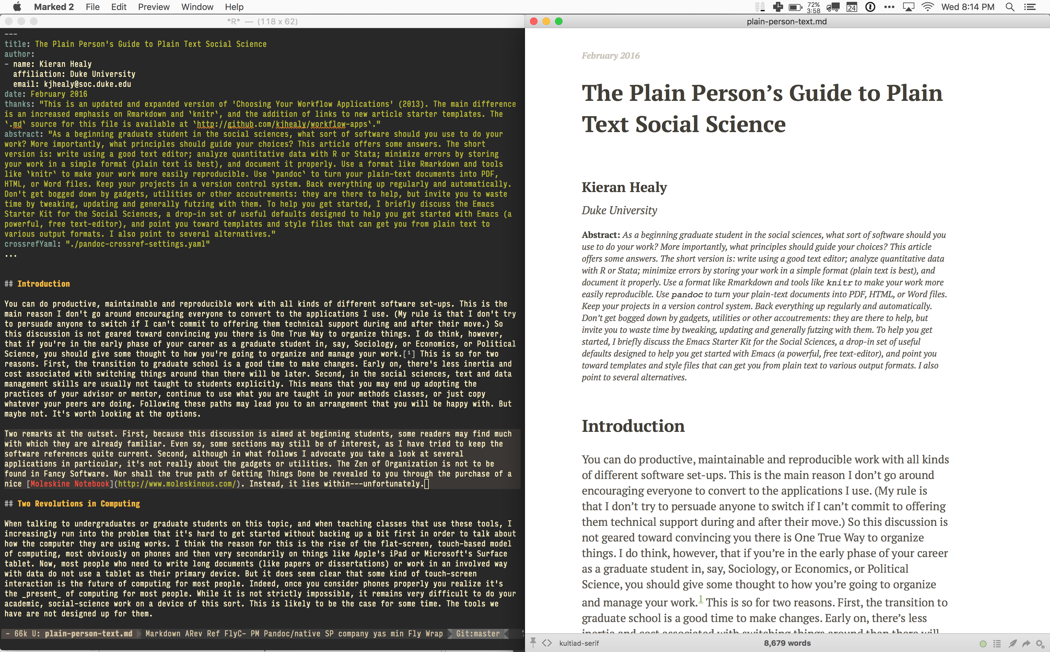 Working on this document in Emacs (left), with a live HTML version displayed in Marked (right).